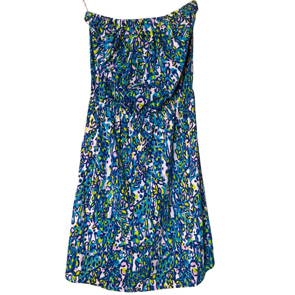 Lilly Pulitzer XS Blue Green Pink‎ Abstract Floral Strapless Elastic Waist Dress